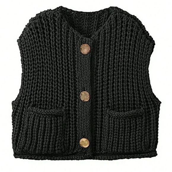 Black Casual Women's Loose Knit Vest With Double Pockets - Picture 3 of 5